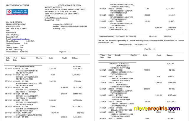 India Central Bank of India statement of account Word and PDF, 2 pages